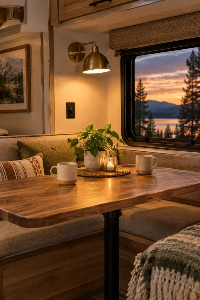 Matte brass 12V wall sconce casting warm ambient light over a wooden RV dinette table at dusk.
