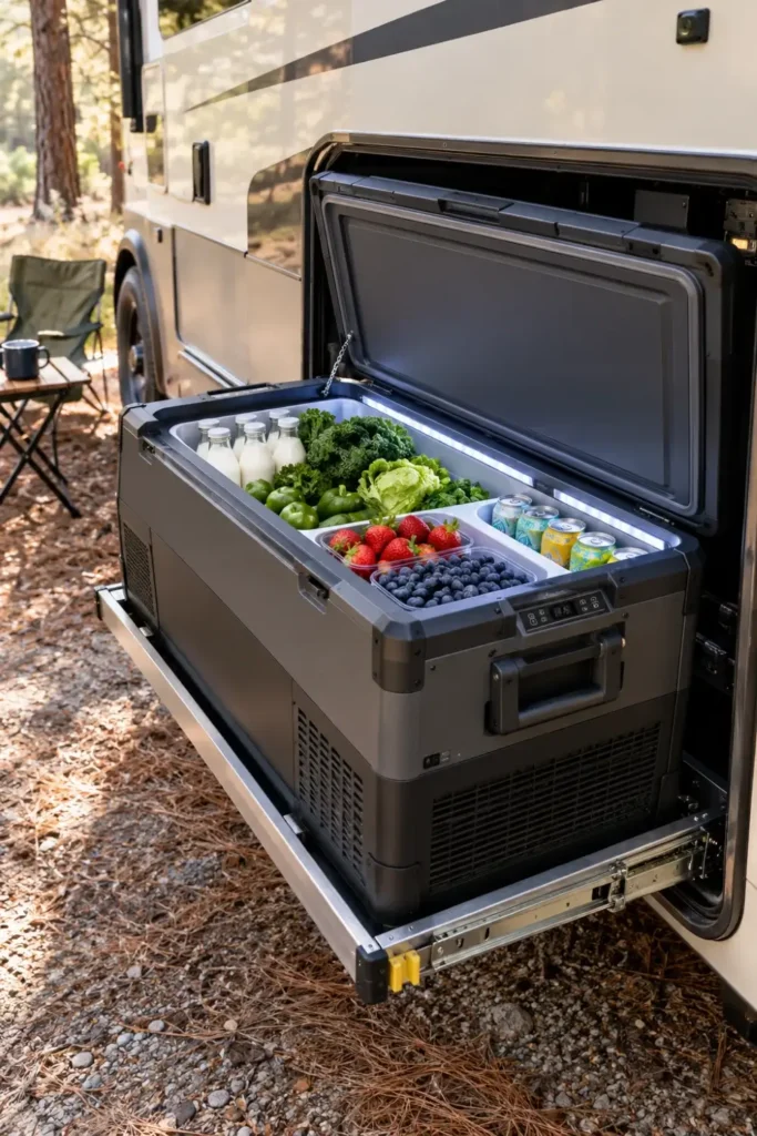 Portable 12 volt compressor cooler on an RV slide tray stocked with fresh food and drinks.