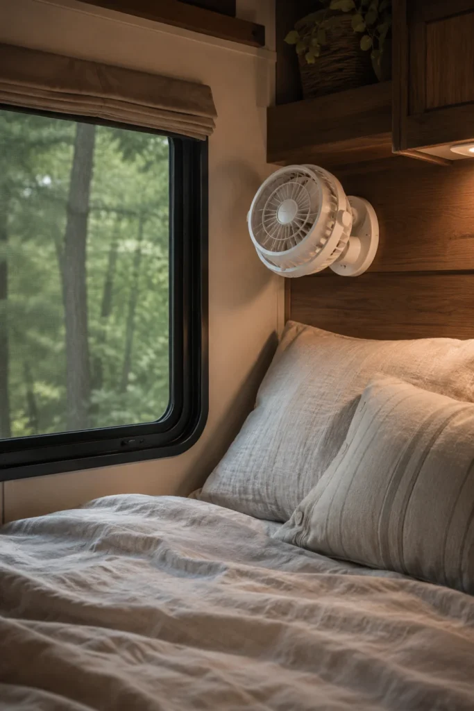 Gimbal-mounted 12-volt white cabin fan operating quietly on the wall above a cozy RV bed.