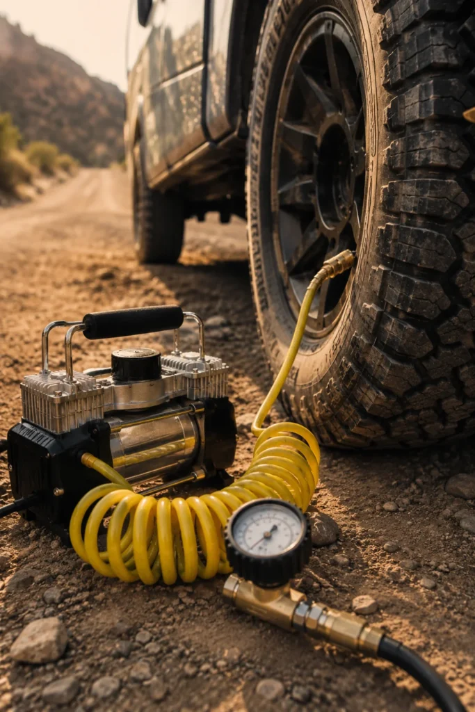 Portable heavy-duty 12V air compressor connected to an all-terrain camper trailer tire on a dirt road.
