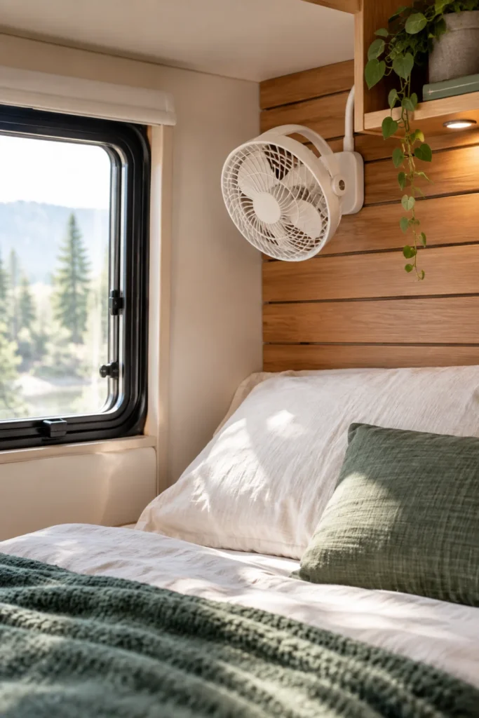 Low-amp 12V articulating cabin fan mounted on the wall above a camper bed.