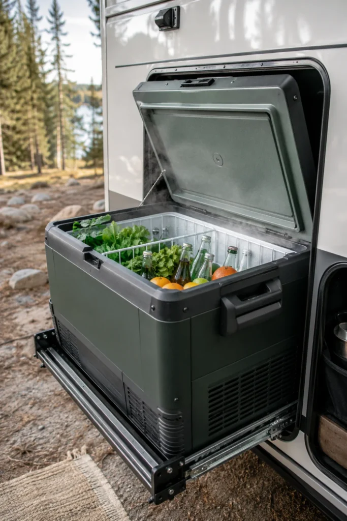 Open 12-volt portable chest refrigerator inside an RV storage bay stocked with fresh produce and drinks.