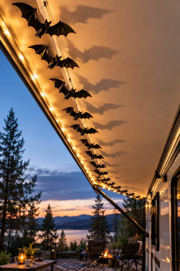 3D plastic bats arranged in a swooping pattern along the underside seam of a travel trailer awning.