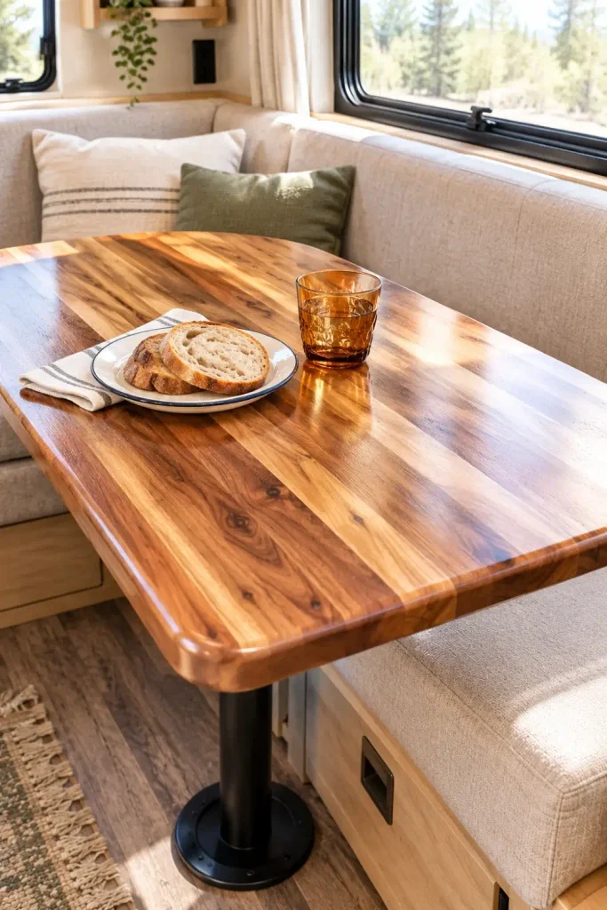 Solid edge-glued acacia butcher block tabletop with warm natural grain in a camper dinette.
