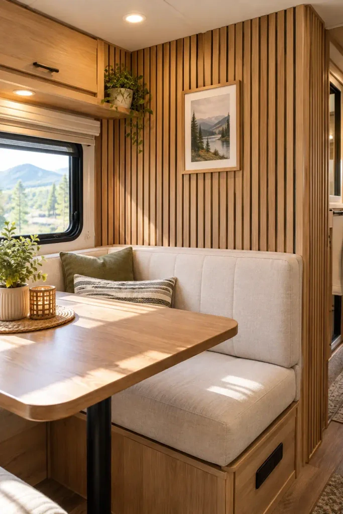 Vertical pale oak acoustic wood slat accent wall paneling behind a modern RV dinette bench.
