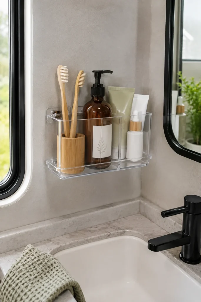 Clear acrylic wall-mounted caddy holding toothbrushes and skincare products on an RV bathroom wall.