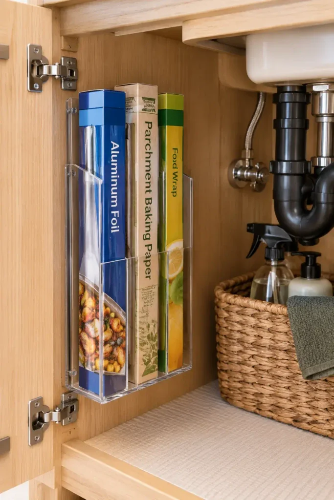 Clear acrylic file holder mounted inside an RV cabinet holding foil and food wrap boxes vertically