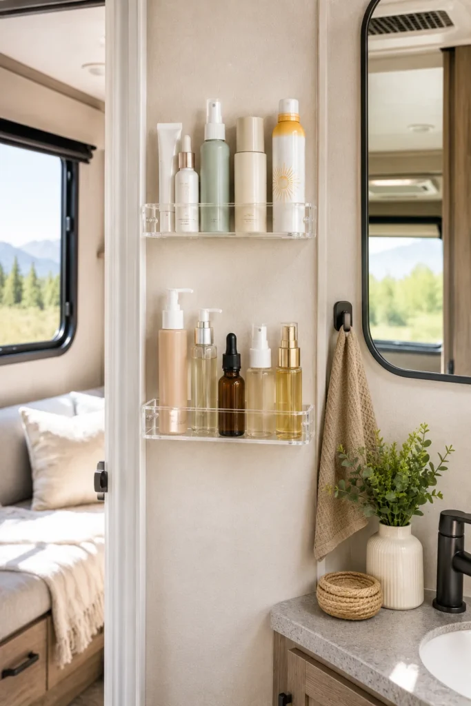 Clear acrylic spice racks mounted on a narrow RV bathroom wall holding skincare and sunscreen bottles