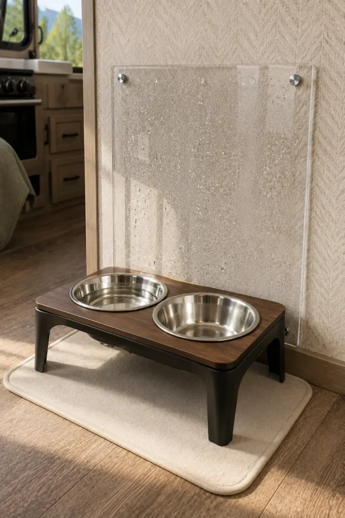 Clear acrylic wall splash guard mounted behind dog bowls to protect RV wallpaper from water damage.