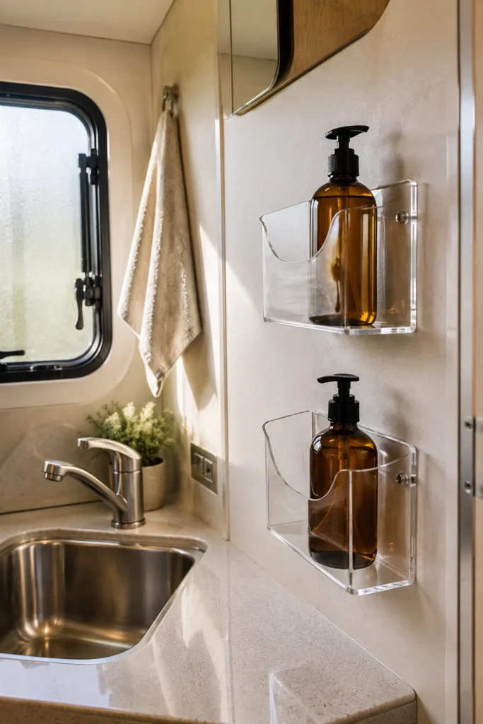 Deep clear acrylic wall pocket shelves holding soap bottles beside a small RV bathroom sink.