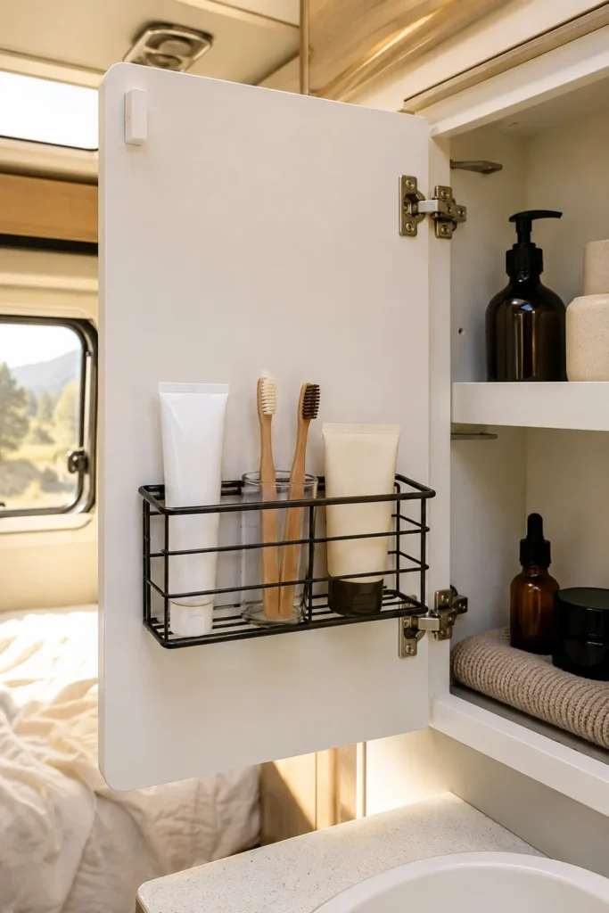 Slim wire basket mounted inside an RV medicine cabinet door holding toothbrushes and toothpaste.