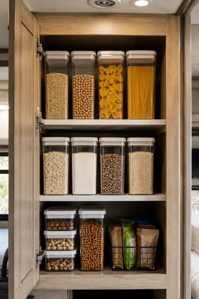 Stackable square airtight food containers maximizing storage space inside an organized RV pantry cabinet.