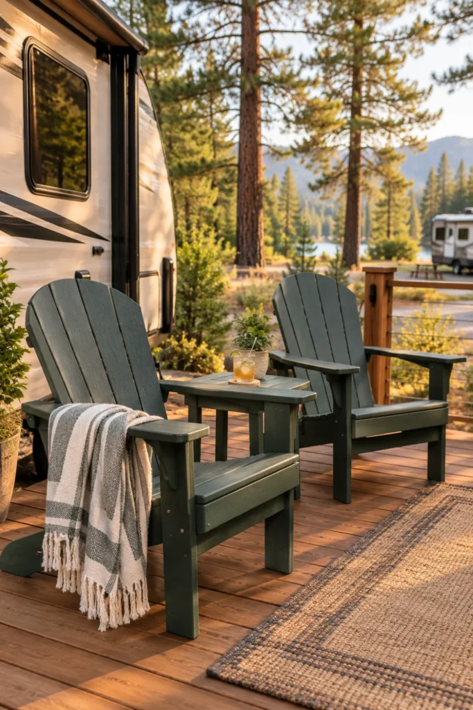 Heavyweight dark green polywood Adirondack chairs set on a stationary RV wooden deck.
