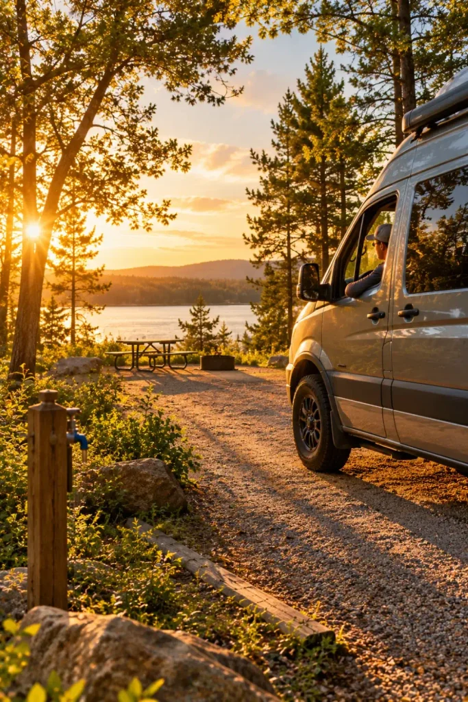 Camper van pulling into a sunlit woodland campsite during golden hour well before sunset.
