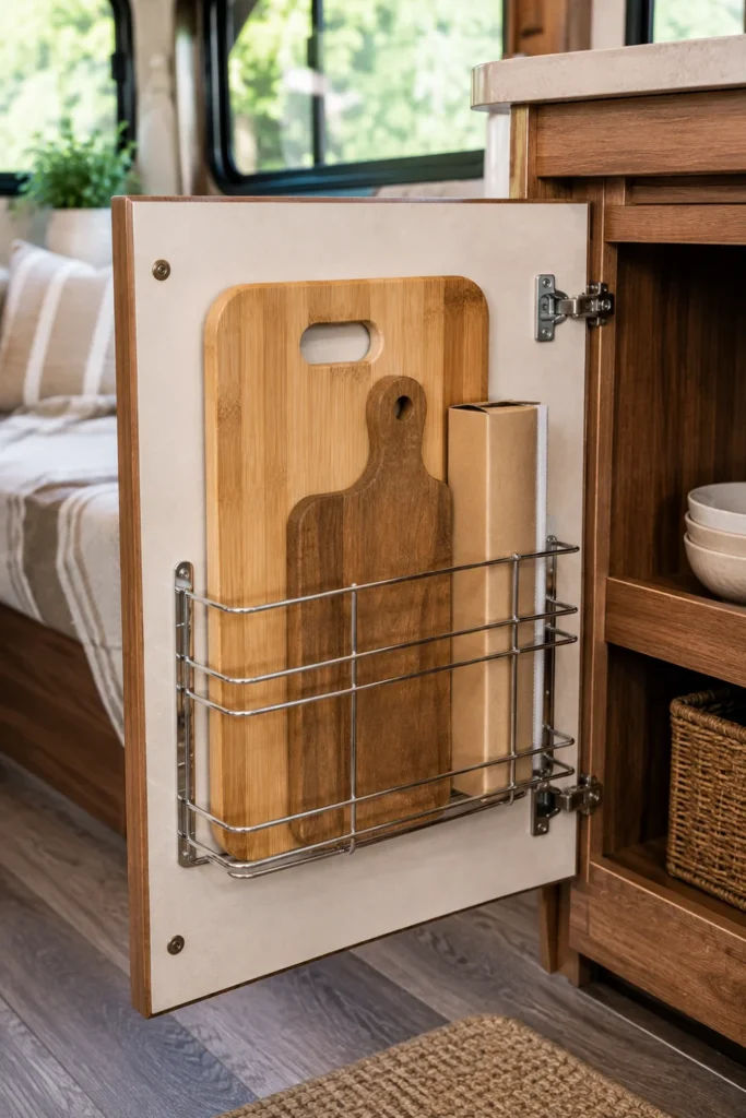 Wire rack mounted to the inside of an RV cabinet door holding wooden cutting boards.