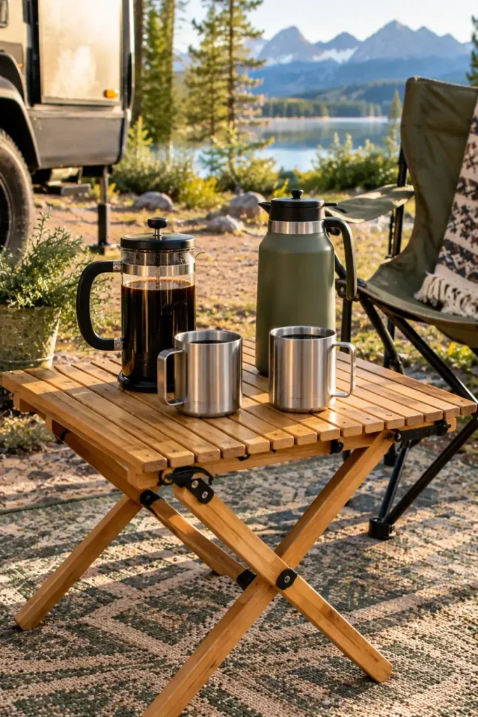 Roll-up bamboo camp table holding a French press coffee maker and insulated steel mugs on an RV patio.