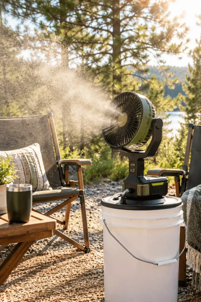 Cordless battery-powered bucket misting fan blowing cool air on an RV patio.