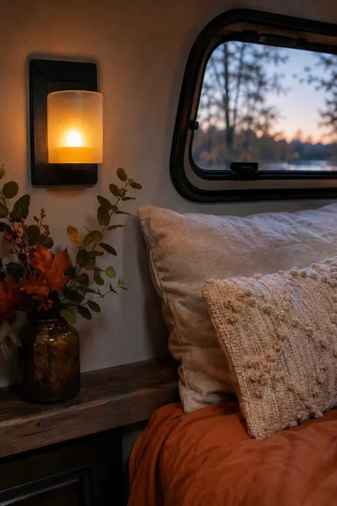 Flameless amber LED tea light glowing softly inside a wall sconce in a compact camper sleeping area.
