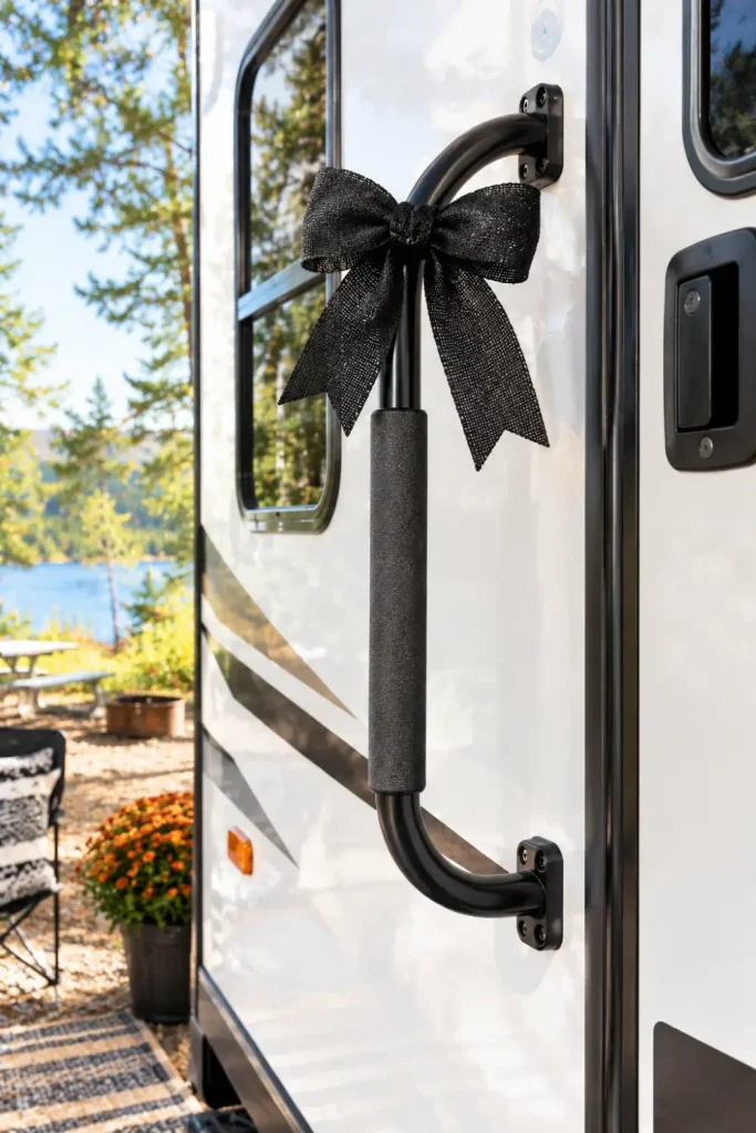 Black burlap ribbon bow tied neatly around the upper curve of an RV exterior folding grab handle.