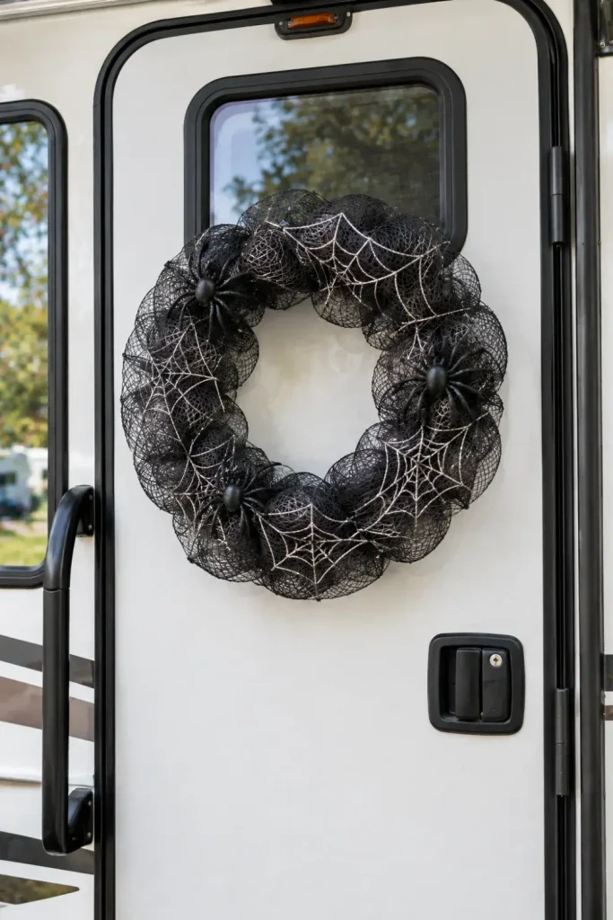 Open-weave black deco mesh spiderweb wreath with soft spiders on a camper door.