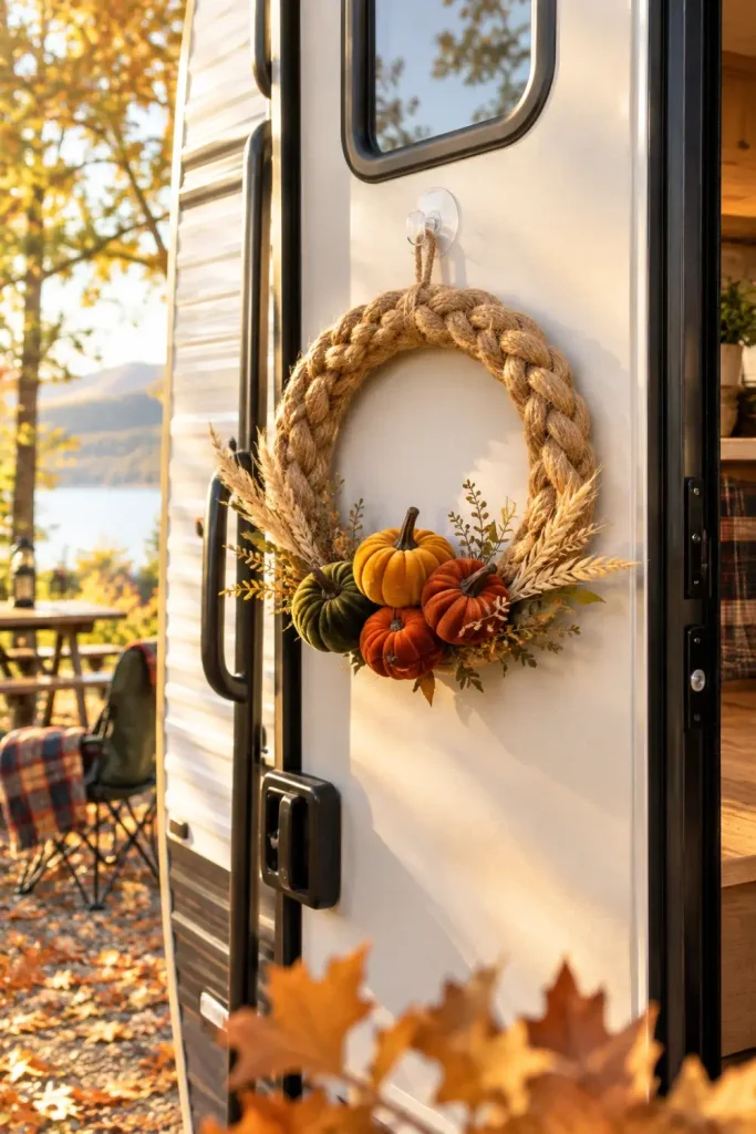 Braided jute rope wreath with rust and mustard velvet pumpkins on an RV entry door.