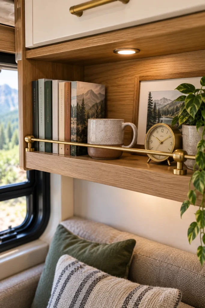 Low brass gallery safety rail installed along an open wooden shelf in a camper.