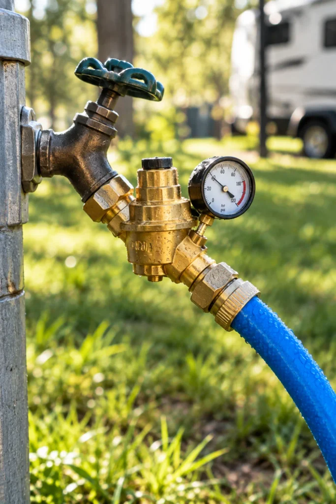 Brass RV water pressure regulator with a pressure gauge attached to a campground spigot and drinking hose.
