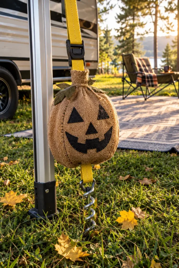 Weatherproof burlap jack-o'-lantern sleeve covering a camper awning ratchet tie-down strap in campground turf.