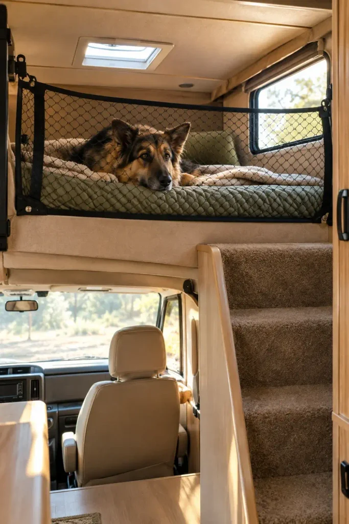 Dedicated dog sleeping loft created in an RV cab-over bunk with a secure safety net.
