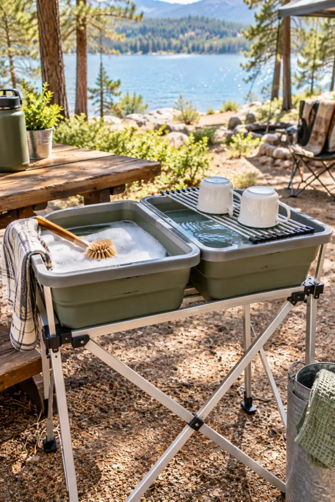 Portable two-bin camp dishwashing and rinse station set up on a folding stand beside an RV picnic table.