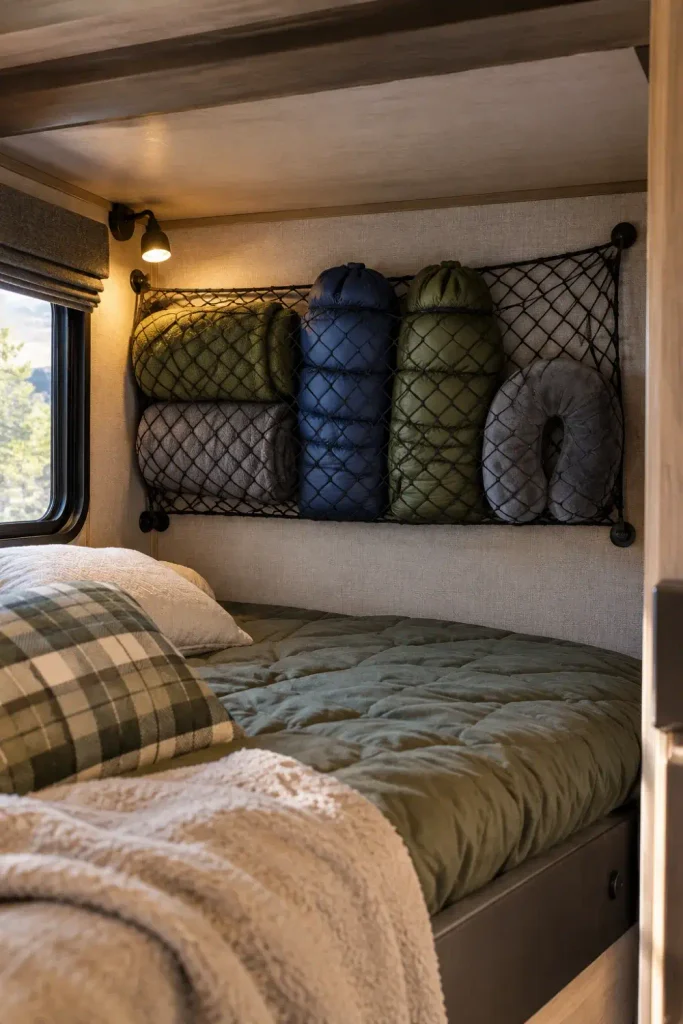 Elastic mesh cargo net attached to an RV bunk bed wall holding jackets and rolled fleece blankets