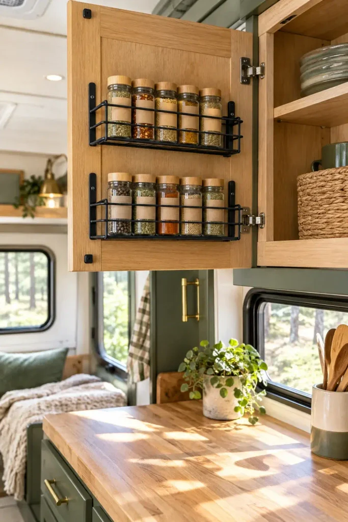 Matte black wire spice racks mounted inside an open RV cabinet door holding glass spice jars