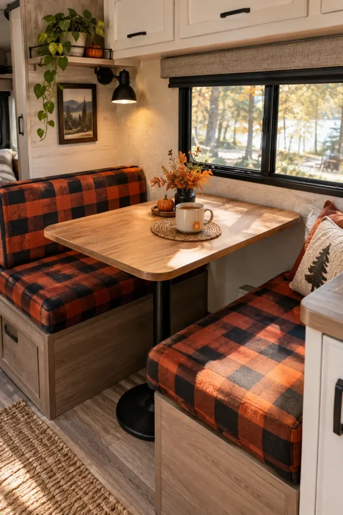 Dinette booth in a small camper fitted with black and rust buffalo check cushion covers under natural morning window light.
