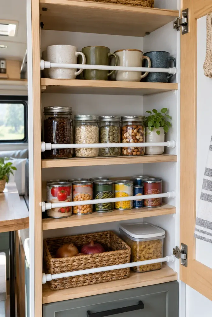 Tension rods mounted across RV pantry shelves acting as guard rails to keep jars and cans secure
