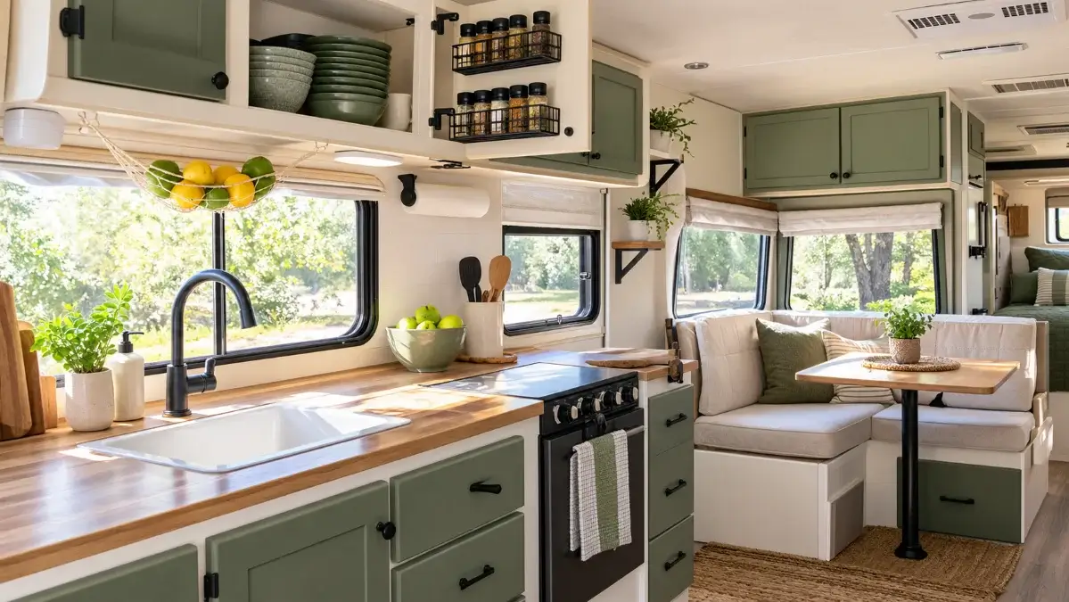 Bright remodeled camper kitchen featuring organized under-cabinet storage racks, spice bins, and space-saving shelves in natural daylight.