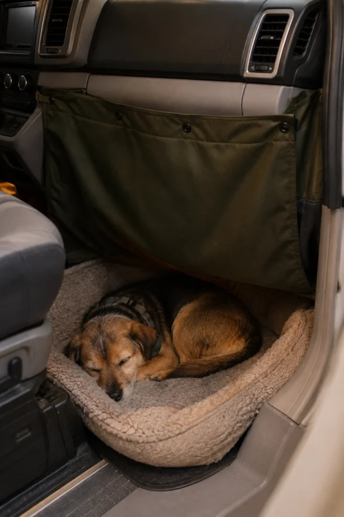 Passenger cab footwell converted into a cozy sleeping den with an insulated canvas barrier in a camper van.
