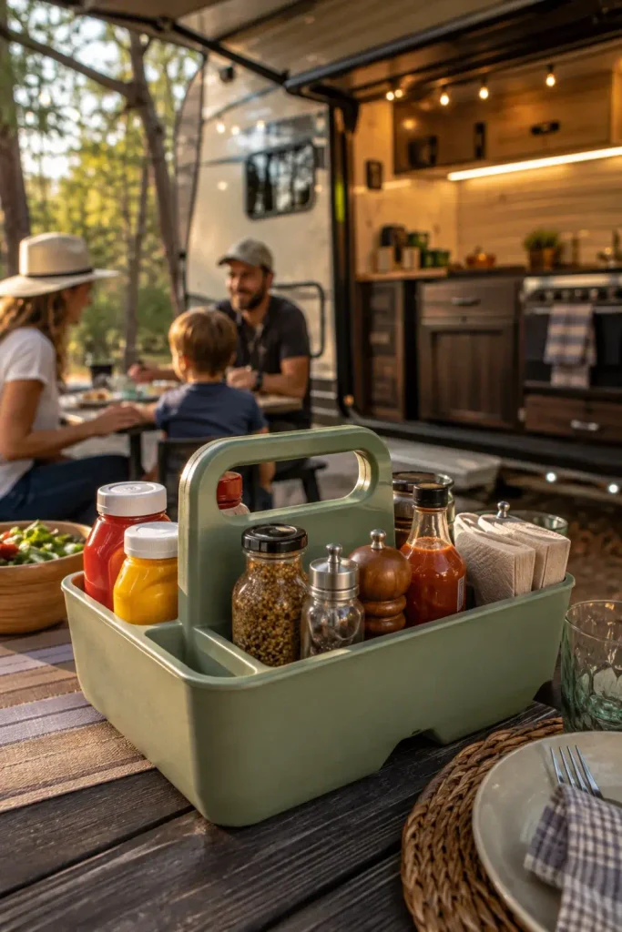 Sage green portable caddy holding table condiments, napkins, and seasonings at an outdoor campsite.