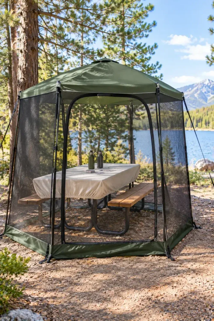 Six-sided pop-up screen canopy placed over a wooden campsite picnic table for insect-free outdoor dining.
