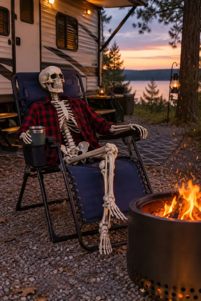 Poseable plastic skeleton wearing a flannel shirt lounging in a folding zero-gravity chair at an RV campsite.
