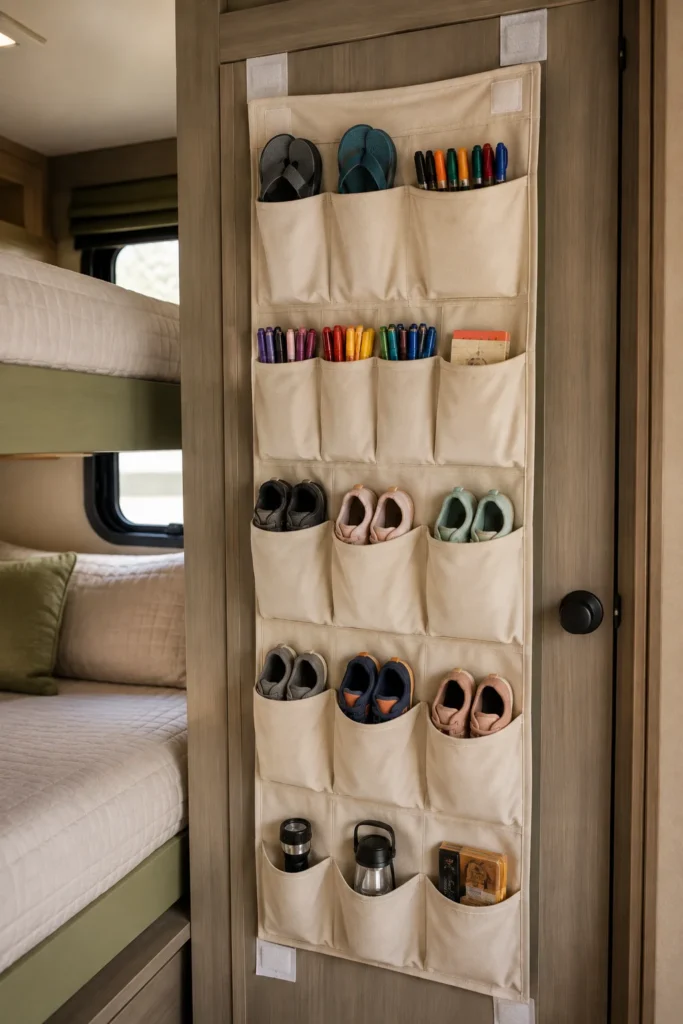 Heavy-duty canvas hanging pocket organizer mounted on the inside of an RV bunkroom door holding kids shoes.