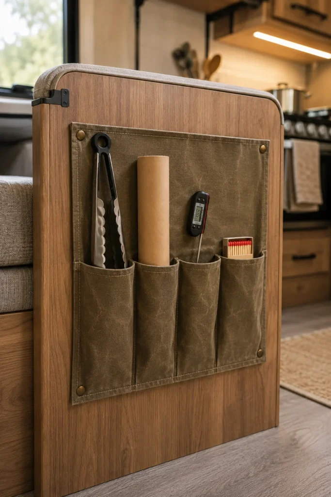 Heavy-duty canvas pocket organizer attached to the side of an RV dinette bench storing cooking utensils and grill tools.