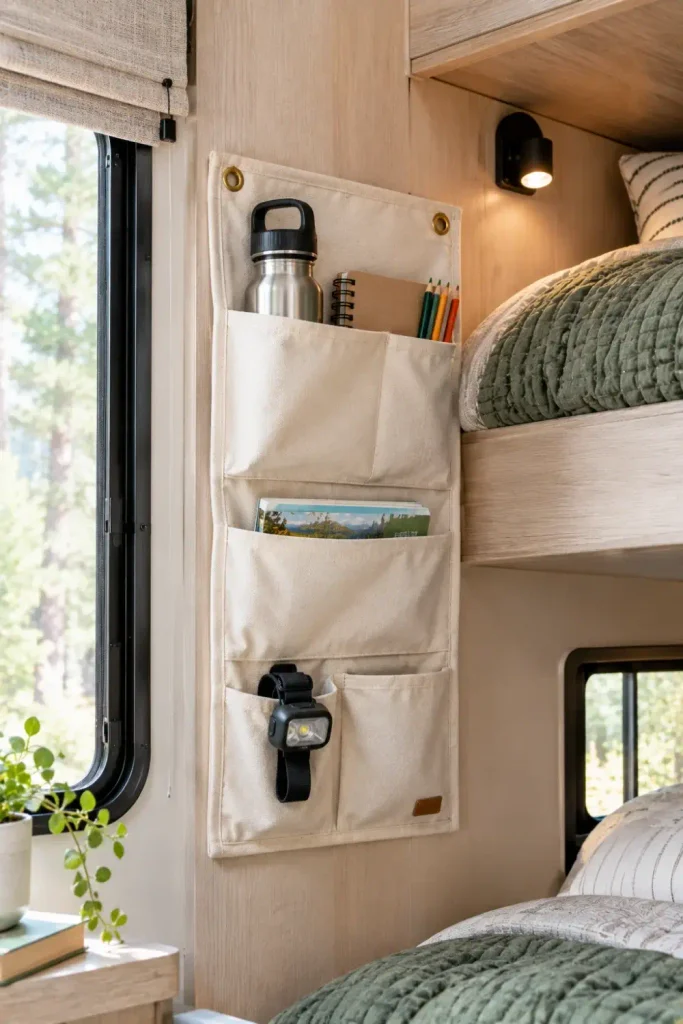 Hanging canvas organizer pouch holding a water bottle and books on an RV bunk wall.
