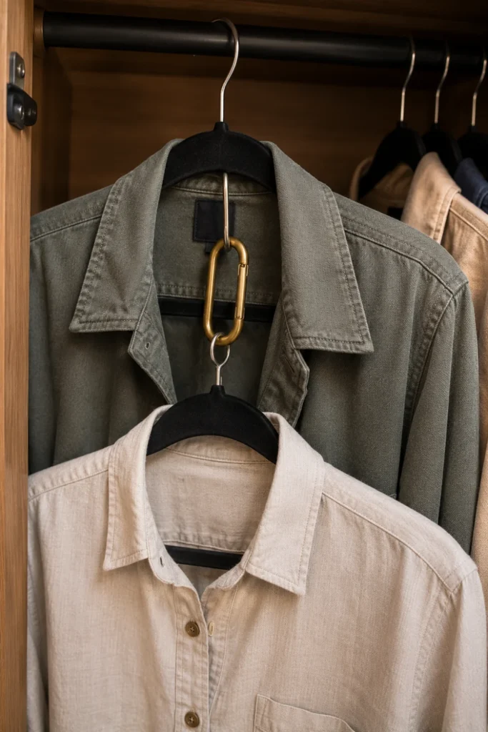 A metal carabiner clip attached to a clothes hanger hook to layer a second hanger vertically.