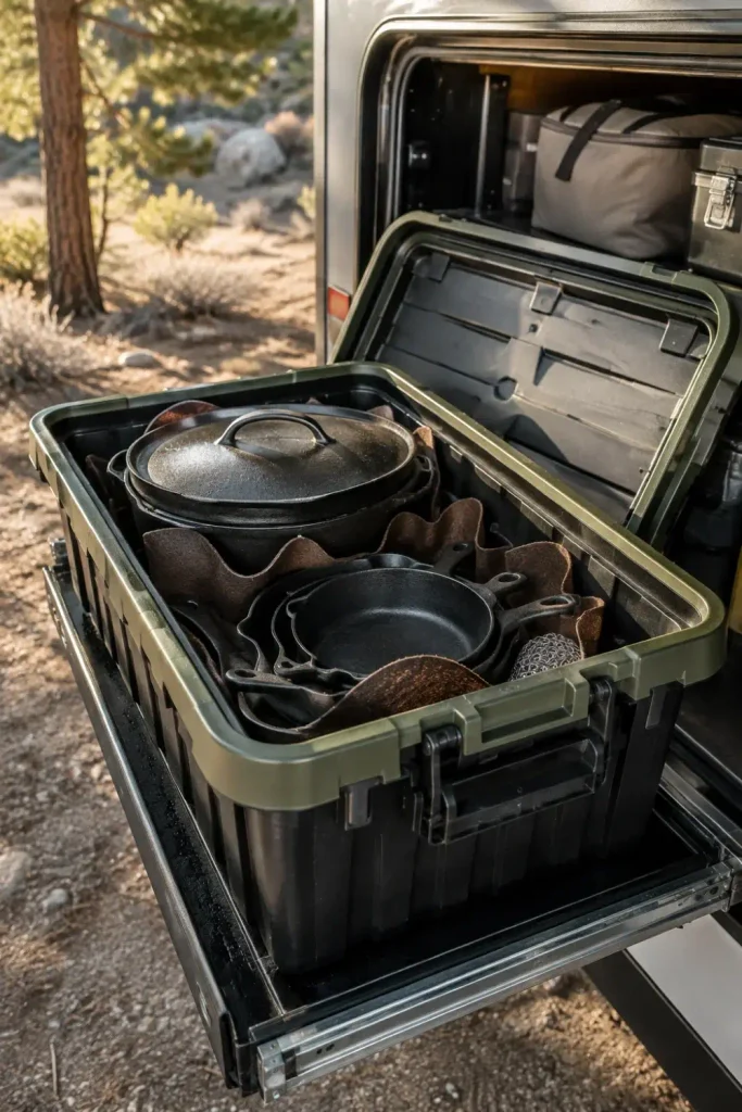Heavy-duty lidded plastic tote organizing cast iron skillets inside an RV pass-through storage compartment.