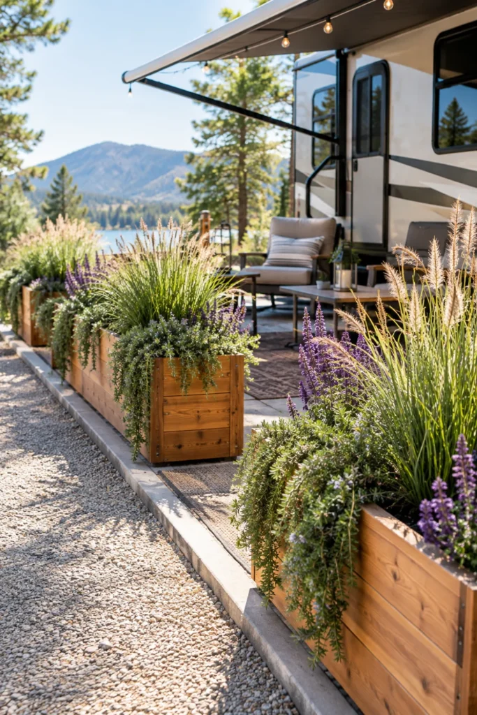 Long cedar planter boxes filled with ornamental grasses framing the perimeter of an RV lot.
