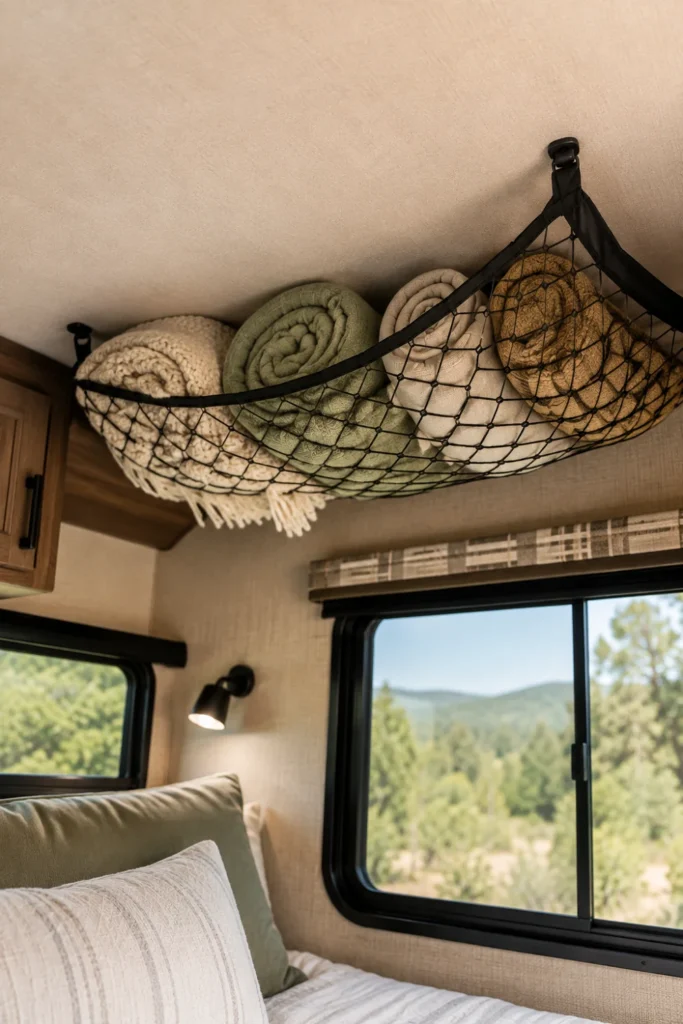 Elastic ceiling cargo net holding rolled extra blankets and pillows above a camper bed.
