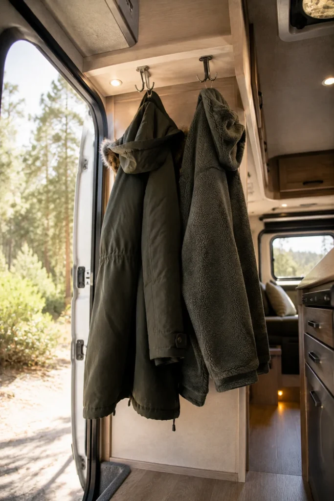 Heavy-duty ceiling hooks mounted into structural framing in a camper holding winter jackets.
