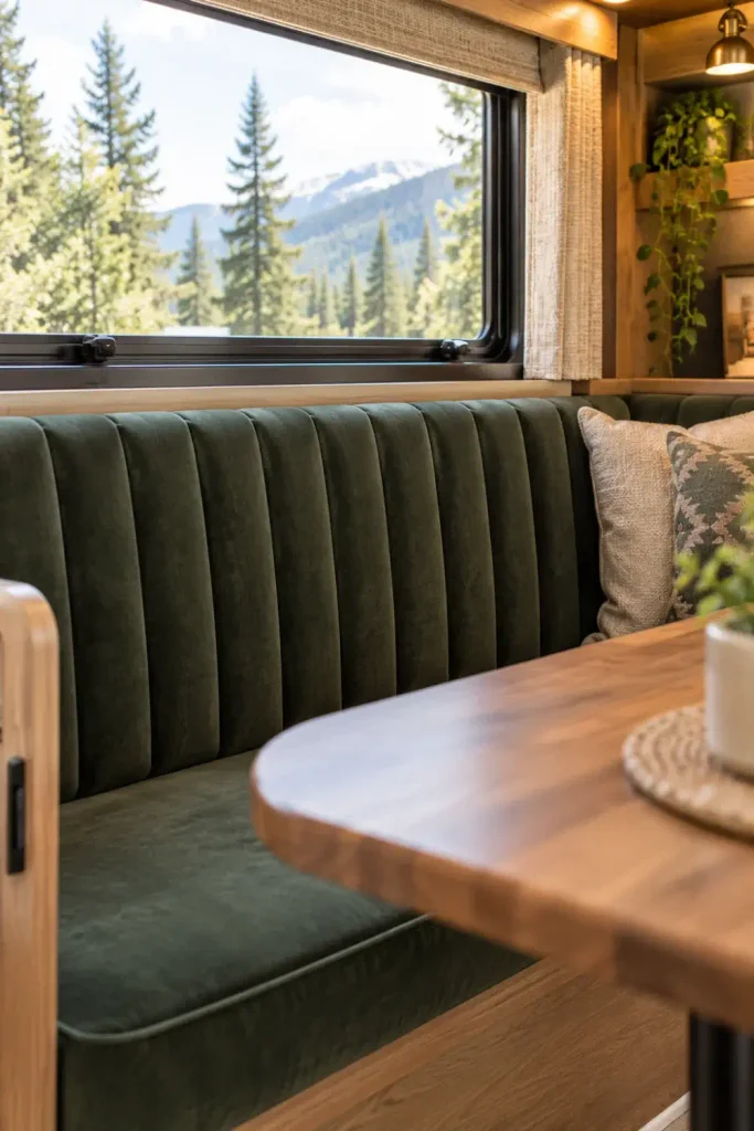 Spruce green velvet channel tufted vertical fluted backrest cushion on an RV dinette bench.
