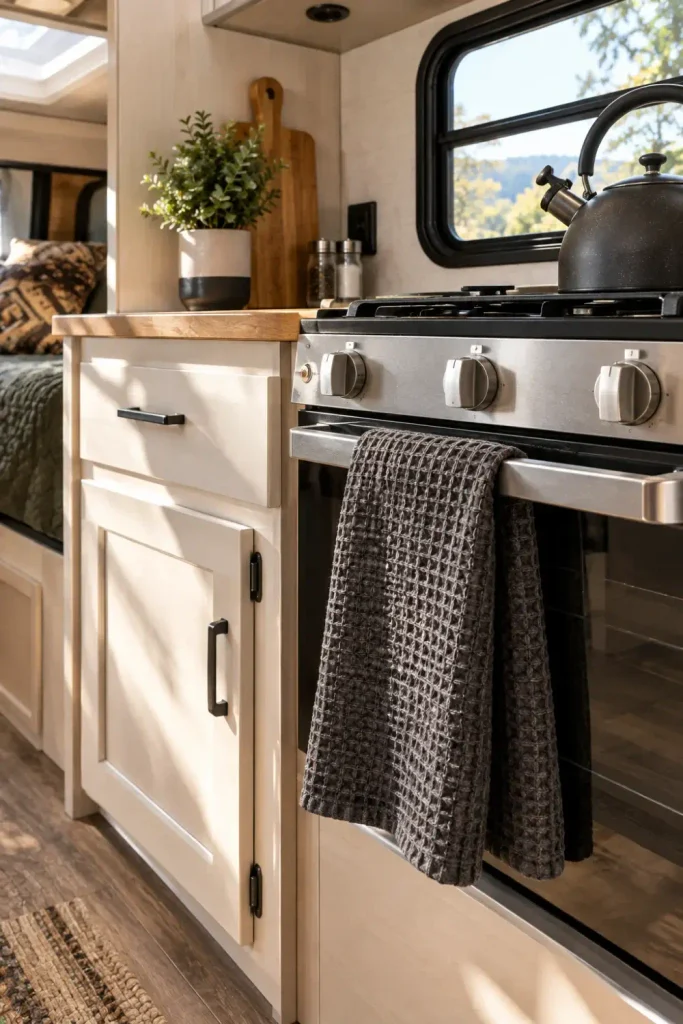 Charcoal-grey waffle weave hand towel hanging on a small camper oven handle in a clean galley kitchen.