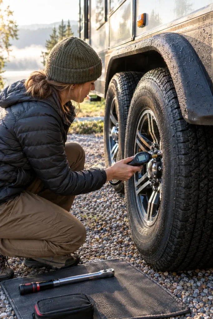 Person kneeling beside an RV wheel checking cold tire pressure with a digital gauge in the morning.
